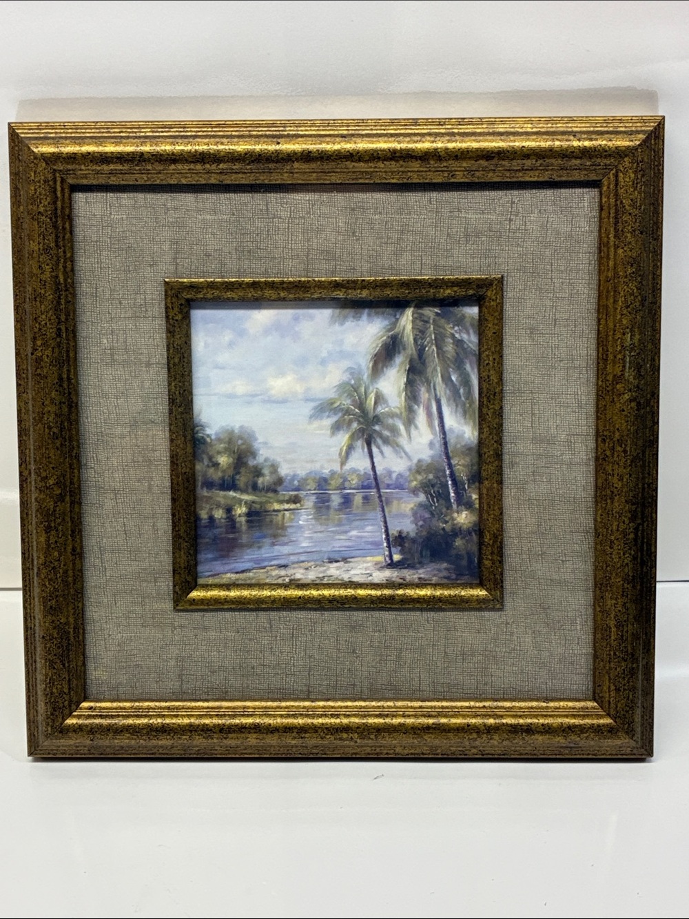 Framed Tropical/Coastal Landscape Wall Art in Gold and Gray
